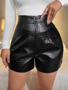 SHEIN SXY Pantalones Cortos Con Botón Delantero Y Estampado De Cocodrilo Para La Primavera - Negro - Ver 3