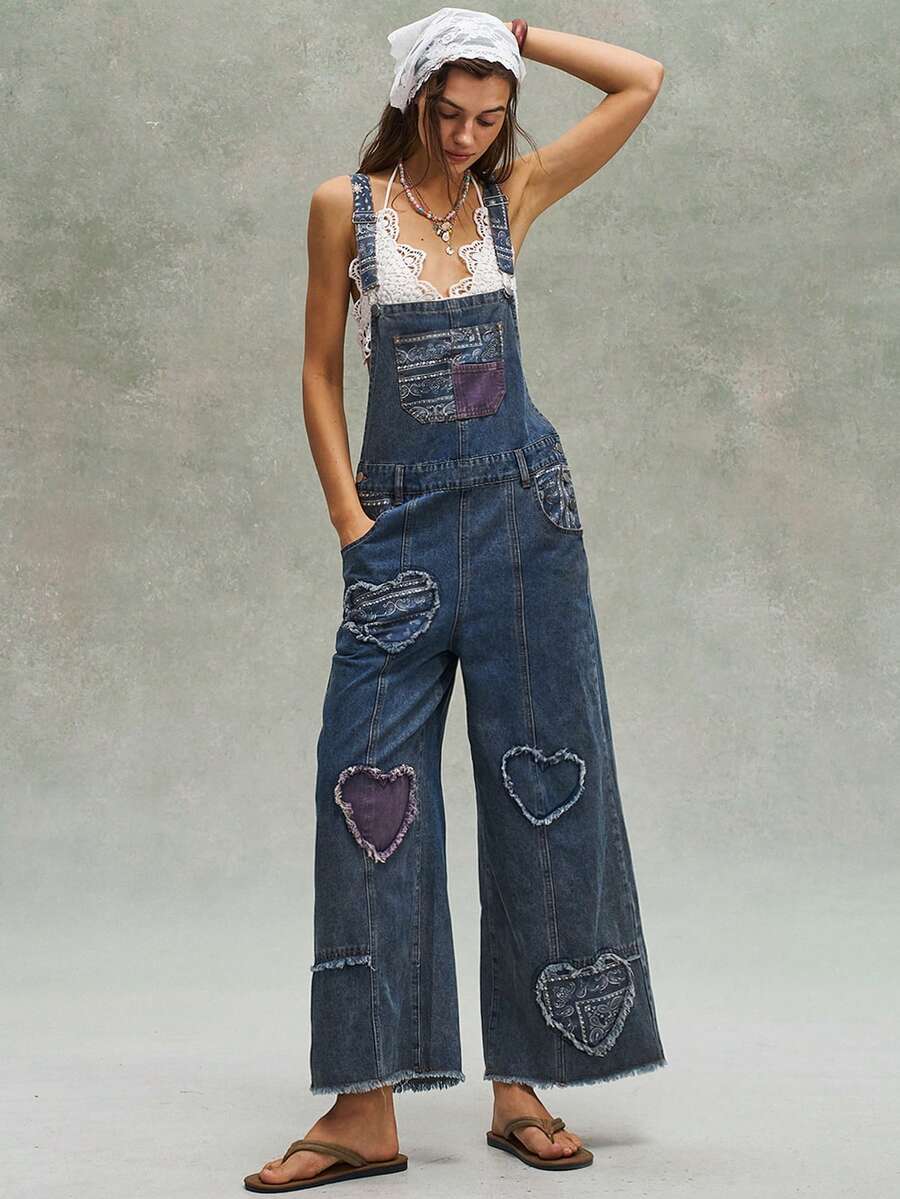 Bohemela Unisex Loose Straight Leg Denim Bib Overalls - Medium Wash - View 1