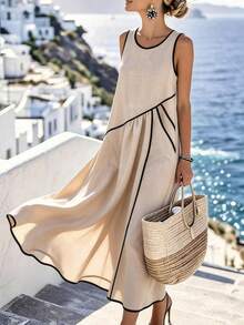 SHEIN PETITE Đầm nữ mùa hè tối giản không tay viền đen, đầm xòe xếp ly màu be, đa năng cho công sở và kỳ nghỉ, họa tiết hình học thanh lịch, đầm xòe rộng, tôn dáng, đầm hai dây viền gấu, đầm chữ A vạt không đều, trang phục công sở sang trọng, thân thiện với da, thiết kế không tay cổ tròn cổ điển, tươi mát và sành điệu, che phủ hông và tôn dáng, đầm đa năng cho kỳ nghỉ và hẹn hò hàng ngày. - Màu be - Xem 5