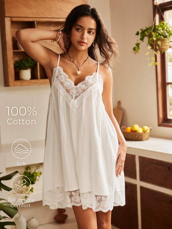Lullawish Bohemian Style 100% Cotton Spaghetti Strap Women Nightgown
