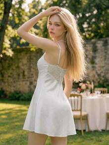 Sweetina Sexy V-Neck Lace Sheer Patchwork Mini Dress - White - View 2