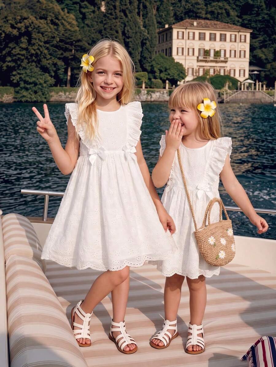 Elladie kids 1件女童夏季新款韩版刺绣面料圆领后拉链前褶皱蝴蝶结装饰宽松下摆白色简约田园度假百搭公主裙 - 米色 - 查看 1