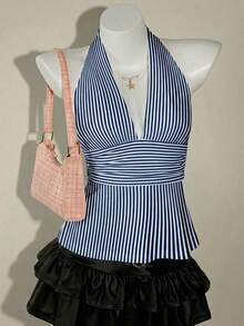 SHEIN ICON Halter Deep V-Neck Cinched Waist A-Line Backless Camisole,Summer Top - Navy Blue - View 4