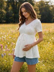 Boho Mama 白色夏季休閒孕婦度假上衣，紋理V領短袖抽繩收腰娃娃衫，孕婦度假上衣 - 杏色 - 查看 4