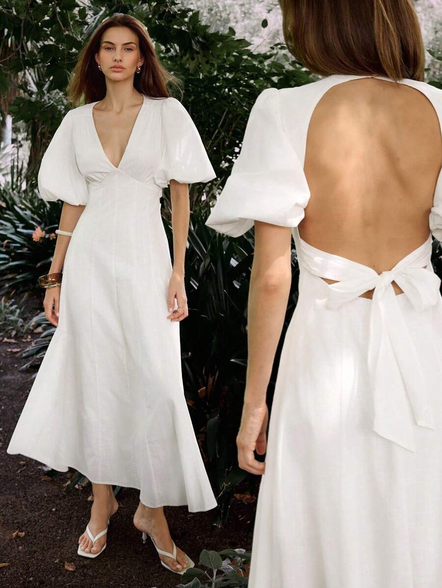 Maija Đầm midi nữ màu trơn cổ chữ V sâu tay ngắn kiểu cánh hoa hở lưng - trắng - Xem 1