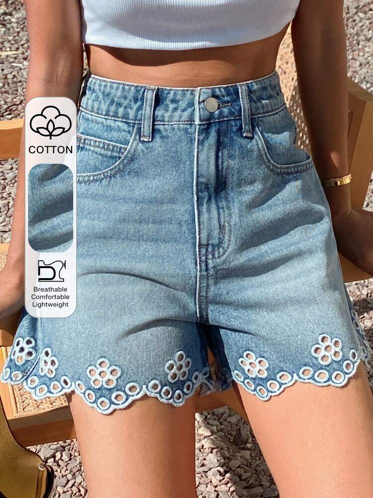 Women's Regular Waist Ruffled Hem Embroidered Casual Vacation Style Denim Shorts Jorts