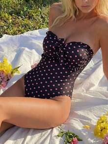 SHEIN Swim Mod 1 bộ áo tắm chấm bi 2026 có dây đeo điều chỉnh được và tháo rời, kiểu dáng dễ thương với bèo nhún và nơ ở ngực, phong cách thường ngày đi biển dành cho nữ. - Nhiều màu - Xem 3