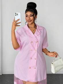 Plus Size Striped Cotton Linen Blend Double-Breasted Mesh Patchwork Short Sleeve Dress - Pink - View 8