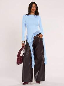 SHEIN BAE Women's Solid Color Minimalist Ruffle Hem Long Sleeve Top, Casual Everyday Wear,Summer Top - Baby Blue - View 6