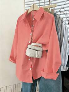 Franclia Women's Casual, Everyday, Workwear Loose Fit Drop Shoulder Solid Color Long Sleeve Shirt, Spring/Autumn - Coral Orange - View 8
