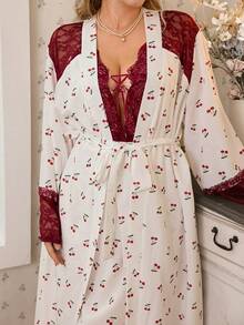 CottageSlumber Plus Size 2pcs Sleepwear Set, Lace Patchwork Cherry Print Robe & Nightgown - Multicolor - View 7