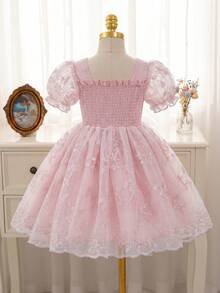 SHEIN Glamorique Kids 年轻女孩优雅迷人可爱粉紫色刺绣泡泡袖收腰奢华双层薄纱荷叶边连衣裙 - 粉色 - 查看 2