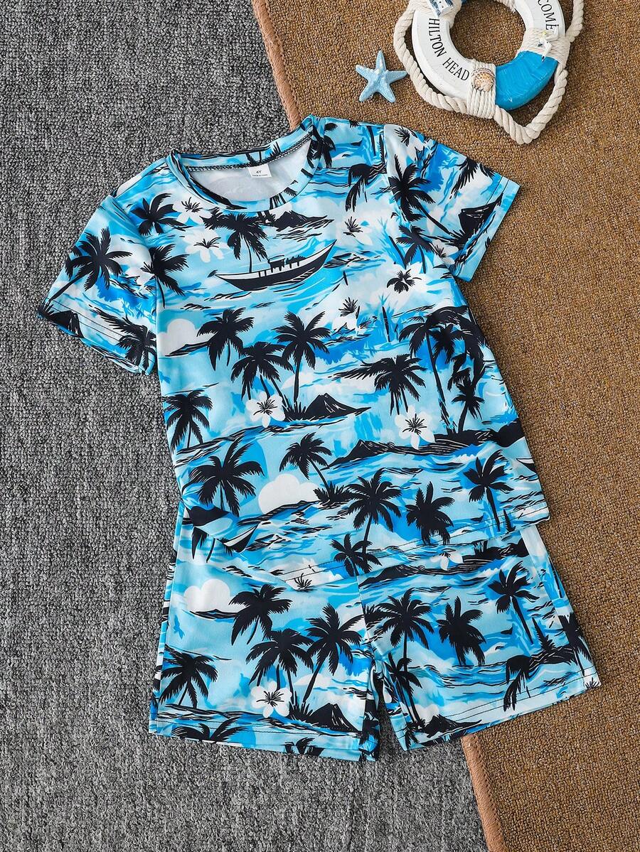 SHEIN 两件套男童海浪、小船、棕榈树印花柔软针织短袖圆领T恤和短裤套装,适合夏季休闲和度假穿着。 - 彩色 - 查看 1