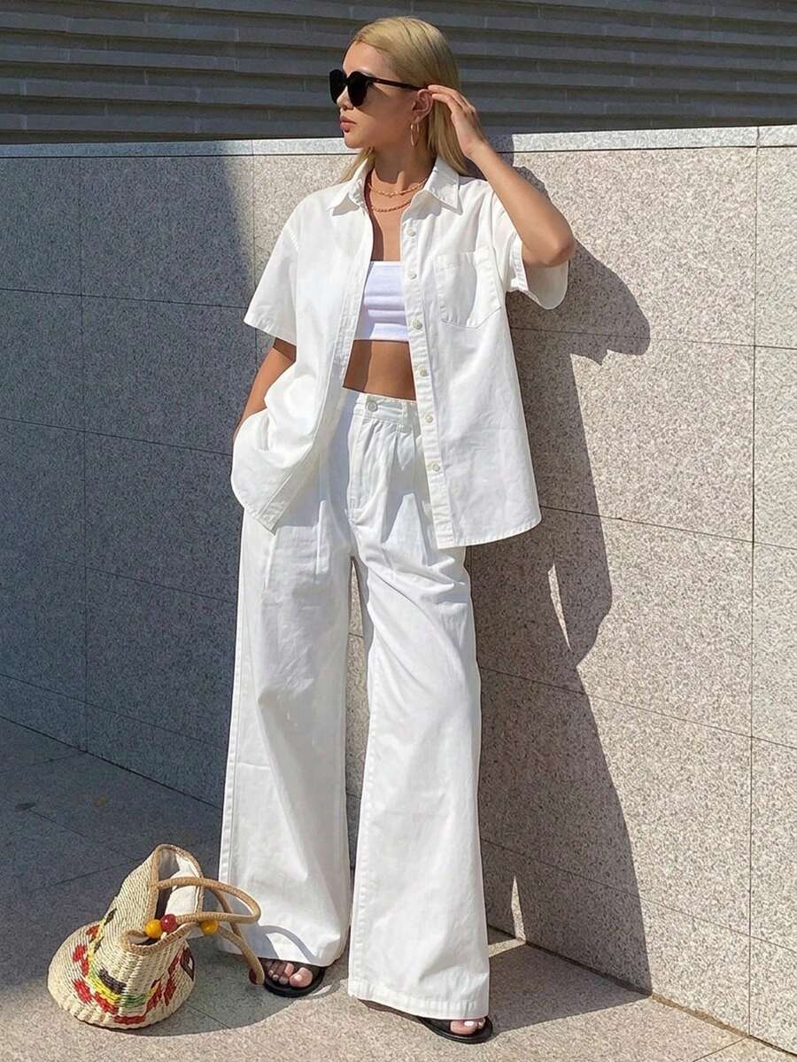 DAZY 女士翻领宽松衬衫搭配直筒裤休闲套装,粉色,优雅又不失青春活力 - 米色 - 查看 1
