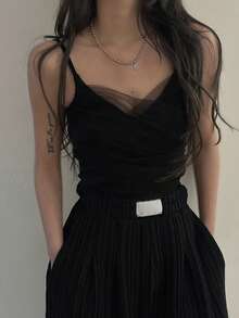 DAZY Solid Mesh Overlay Cami Top Dress Going Out Tops - Black - View 4