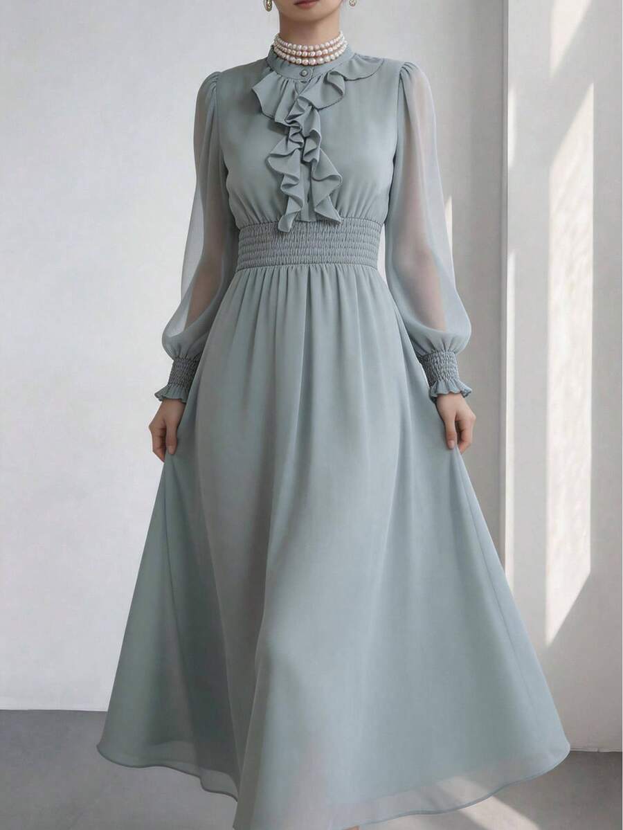 Modelyn Vestido de mujer con cuello alto, mangas raglán, volantes en el bajo y cintura ceñida, elegante para el verano