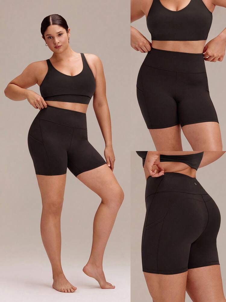 6" Plus Size FeatherFit™ All Day Buttery-Soft High Waist Biker Shorts With Side Pockets Pilates Yoga Studio Daily Wear
