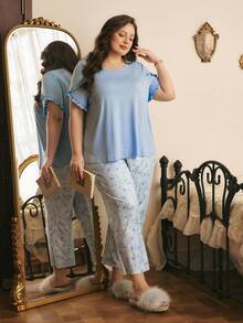 Côtesoire Conjunto de pijama de talla grande con cuello redondo, manga corta, volantes y contraste de color, de punto y estilo floral romántico francés - Azul - Ver 5
