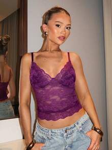SHEIN BAE 女士夏季纯色蕾丝吊带背心 - 紫色 - 查看 5
