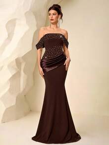Coutiva 女士露肩褶裥美人鱼款正式晚礼服，饰有水钻 - 棕色 - 查看 5