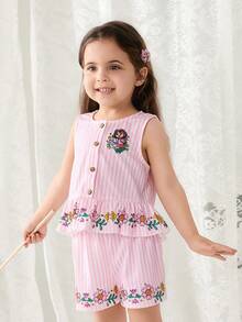 DORA | SHEIN Young Girls Striped Print Camisole & Shorts Set, DORA - Pink - View 4