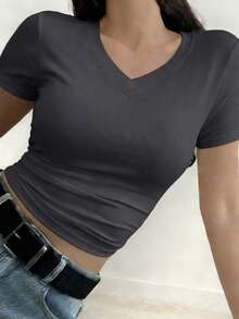 DAZY Women's Solid Color V-Neck Fitted Short Sleeve T-Shirt, Summer Travel Dark Grey Casual - Dark Grey - View 2