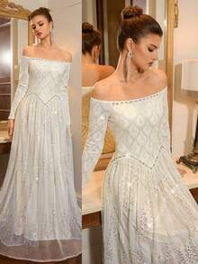 Poshira Luxury Beaded Sparkling Evening Gown, High-End Formal Dress, Elegant Dignified Lady Style - Apricot - View 8