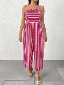 SHEIN Clasi Mono informal de vacaciones sin tirantes con pierna ancha, ajuste ceñido para mujer - Rosa - Ver 7