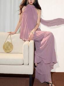 Heiryn 新款法式度假风褶皱系领衬衫+休闲阔腿裤套装 - 藕粉色 - 查看 2