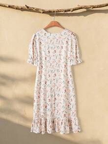 Vestido casual de manga corta de longitud media con cuello redondo y estampado total para mujer - Beis - Ver 3
