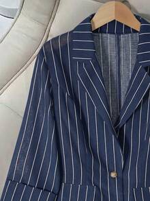 Qadelle Conjunto de 2 piezas de chaleco sin mangas y pantalones cortos con estampado de bambú y rayas de aspecto de lino, estilo callejero francés elegante y vintage, versátil para negocios, oficina, vacaciones y verano - Azul y blanco - Ver 3