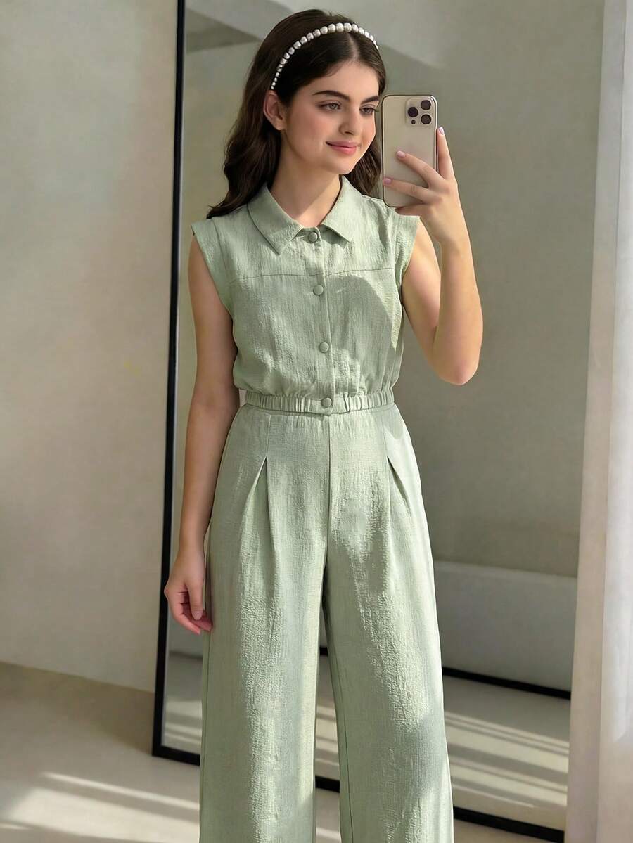 Bộ đồ thường ngày thoải mái cho bé gái tuổi teen: áo polo cổ bẻ và quần. - màu xanh lá - Xem 1