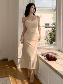 DAZY Women's Elegant Ruched Waist Slim Fit Dress, Minimalist Solid Color, Summer Party Apricot Sundress - Apricot - View 4