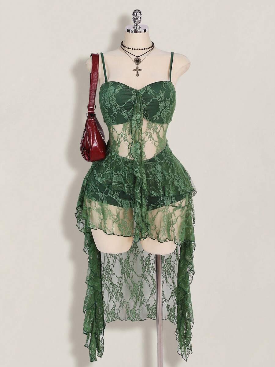 SHEIN ICON Plus Size Black V-Neck Ruffle Trim Short Front Long Back Slip Dress, Y2K Sexy Spaghetti Strap Ruffle Hem Dress - Army Green - View 1