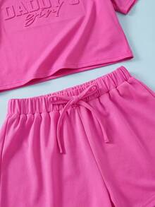 SHEIN Young Girl Summer Casual Solid Color Letter Embossed T-Shirt And Shorts Set - Hot Pink - View 5