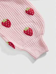 ROMWE Kawaii Áo len cardigan tay dài dáng ngắn họa tiết dâu tây dễ thương cổ điển cỡ lớn, thu/đông - Hồng - Xem 4
