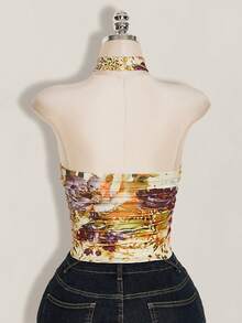 SHEIN ICON Plus Size Y2K 90s Summer Going Out Vacation Boho Western Country Concert Women's Sexy Backless Floral Print Halter Neck Top, Summer Beige - Yellow - View 2