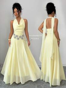 SHEIN PETITE 女士优雅飘逸腰部系带A字连衣裙，适合度假、旅行、生日、拍照等场合，百搭，春夏款 - 黃色 - 查看 5