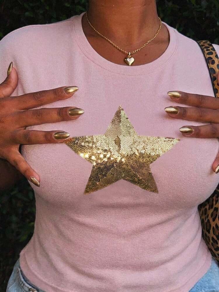 Dazy Plus Plus Size Women Tight Crew Neck Sequin Star Short Sleeve T-Shirt, Sexy & Pink, Spring/Summer