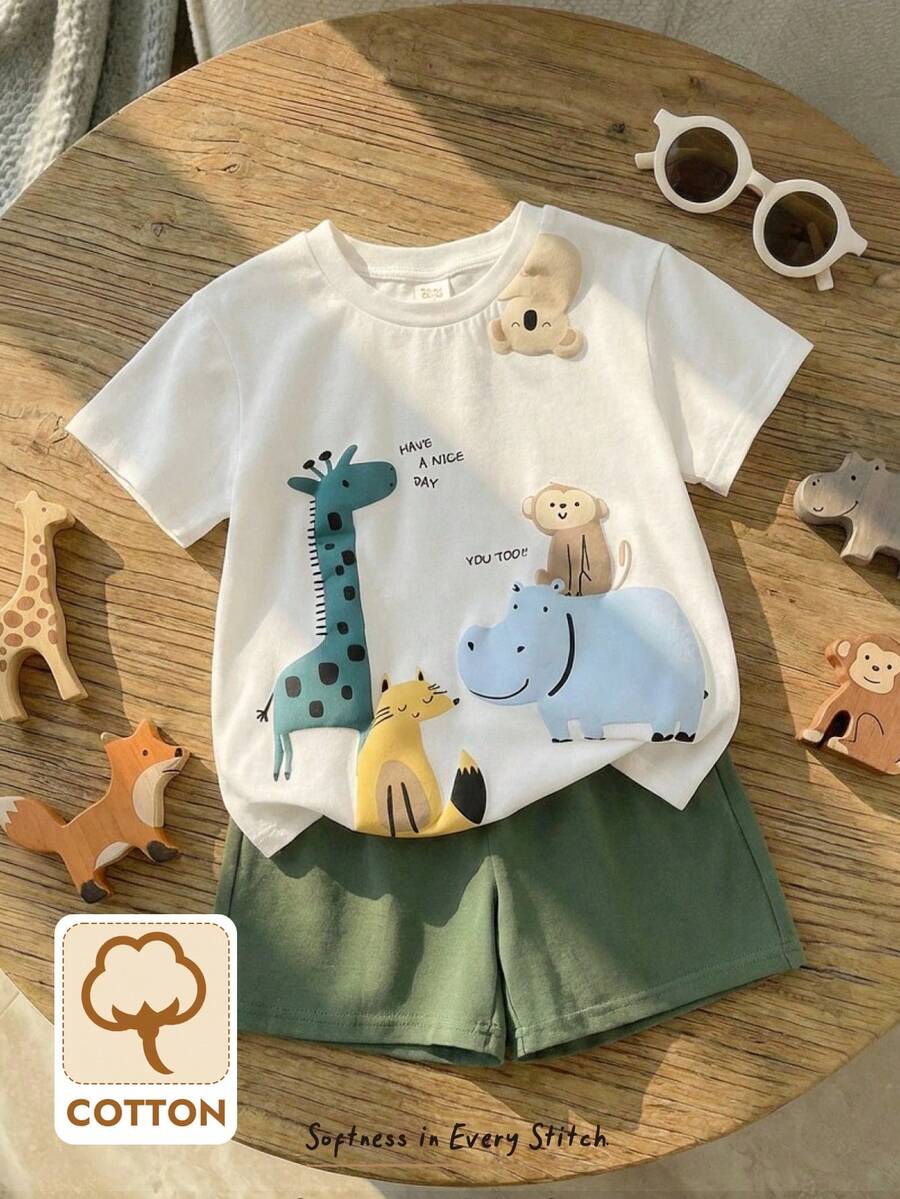 Cozy Pixies 2 pièces/set Top à manches courtes col rond en tricot doux avec imprimé animal de dessin animé pour jeune garçon et short à taille élastique - Vert - Voir 1