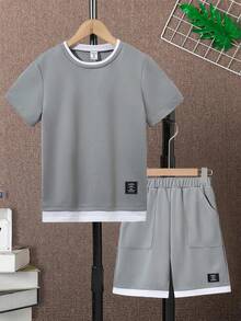 Vacaura Tween Boy Letter Patched Detail 2 In 1 Tee & Shorts - Grey - View 3