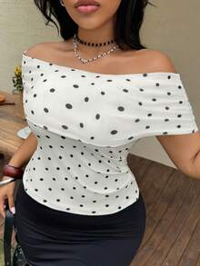 Dazy Plus Fashionable Polka Dot High Stretch Sexy Cropped Top, Off Shoulder Tight Fitting T-Shirt, Plus Size, Spring/Summer Graphic Tee Going Out Tops - Beige - View 8