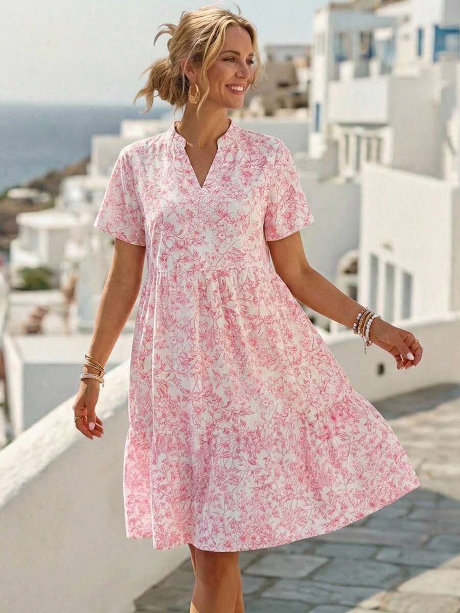 EMERY ROSE Women's V-Neck Pleated All-Over Print Casual Party Dress Causal Dresses For Women Summer Spring Outfits For Women Dresses Picnic Dresses For Women New Arrival Dress For Women Casual Summer Holiday Outfits - Pink - View 1