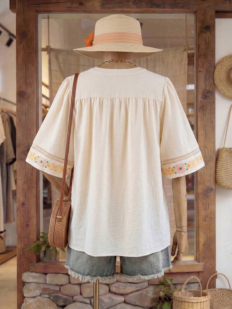 Plus Size Summer Vacation Patchwork Print V-Neck Short Sleeve Shirt Women's Country Clothing Vacation Outfits Women Holiday Outfits