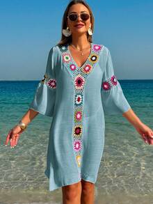 Swim Lushoire Women V-Neck 3/4 Sleeve Crochet Floral Random Color Side Slit Loose Dress Cover Up - Blue - View 6