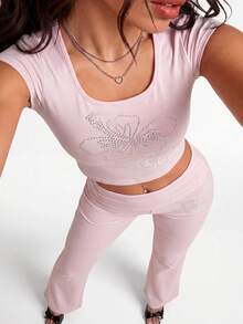 Nooralise Women's Rhinestone Pattern Casual Versatile Daily Wear T-Shirt - Pink - View 6