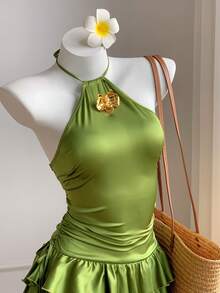 Comfortcana Robe mini d'été élégante pour vacances avec décor floral, col ras-du-cou et volants à l'ourlet - Vert - Voir 6