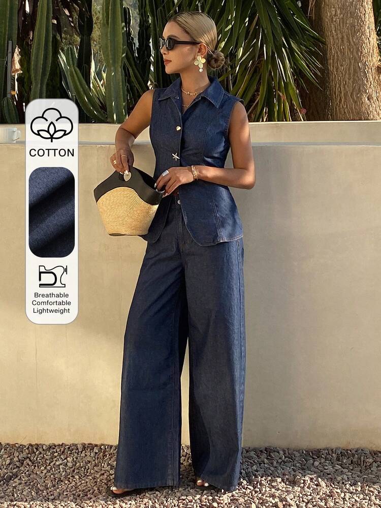 Women's Casual Denim Vest And Pants Set, Summer