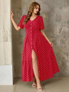 Roveilla Đầm chấm bi tay ngắn dáng ôm eo cỡ lớn - Đỏ - Xem 6