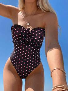 SHEIN Swim Mod 1 bộ áo tắm chấm bi 2026 có dây đeo điều chỉnh được và tháo rời, kiểu dáng dễ thương với bèo nhún và nơ ở ngực, phong cách thường ngày đi biển dành cho nữ. - Nhiều màu - Xem 8